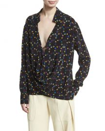 Derek Lam Cuneiform-Print Collared Silk Drape Blouse  Black at Neiman Marcus